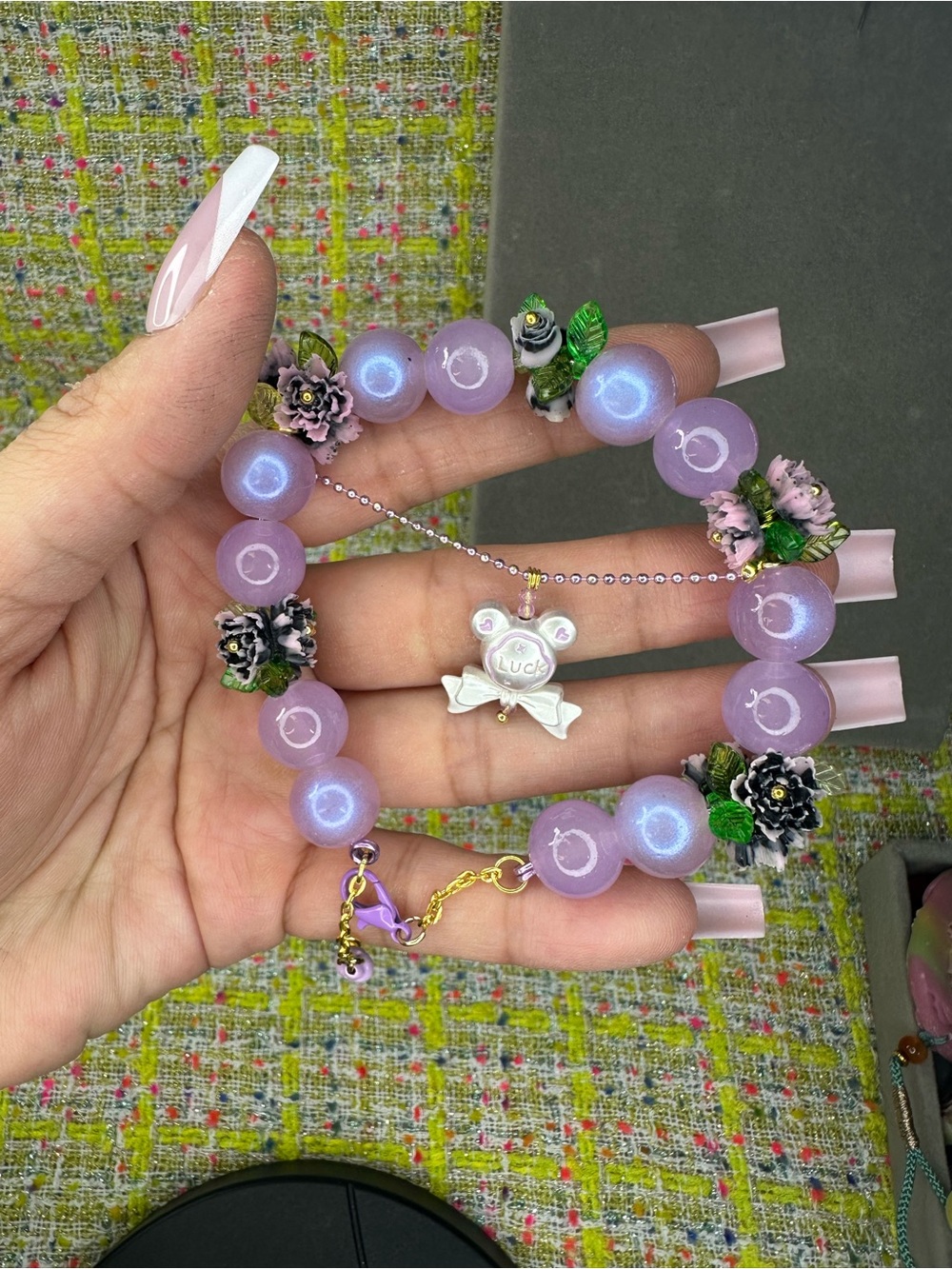 Purple and black acrylic flower with Corals Beaded Bracelet